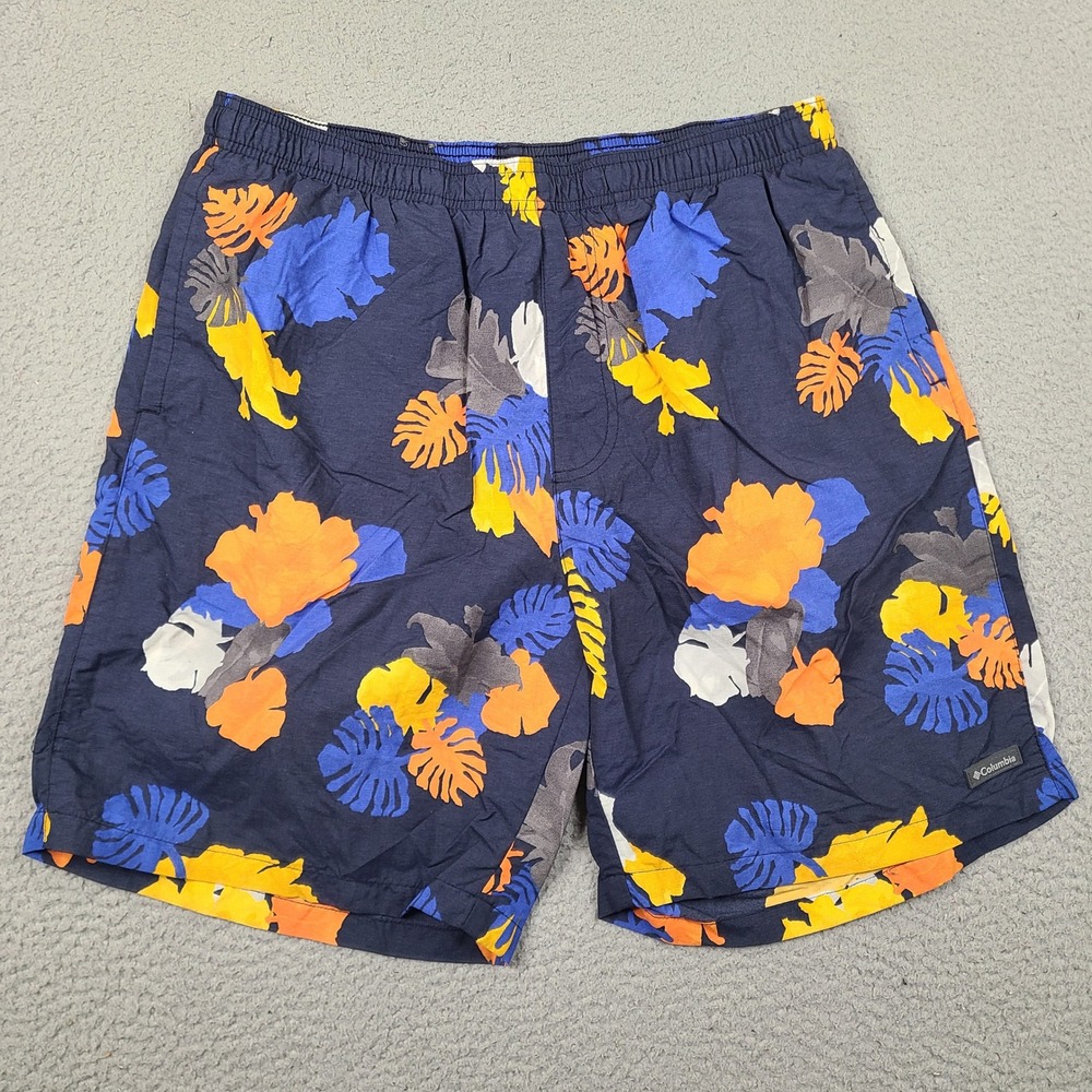 Columbia Swim Trunks Shorts Mens Large Navy Blue Tropical Floral Mesh Lined